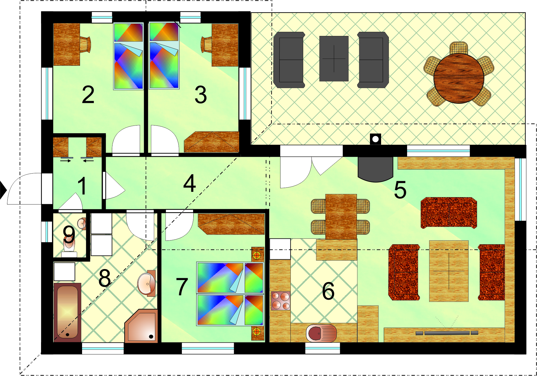 L-shaped family house with three bedrooms, nr. 23, layout