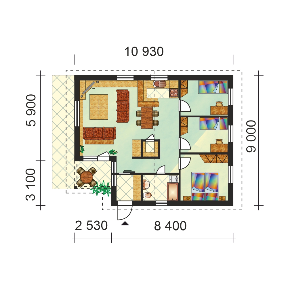 Four-room rectangular bungalow - No.39, layout 2023