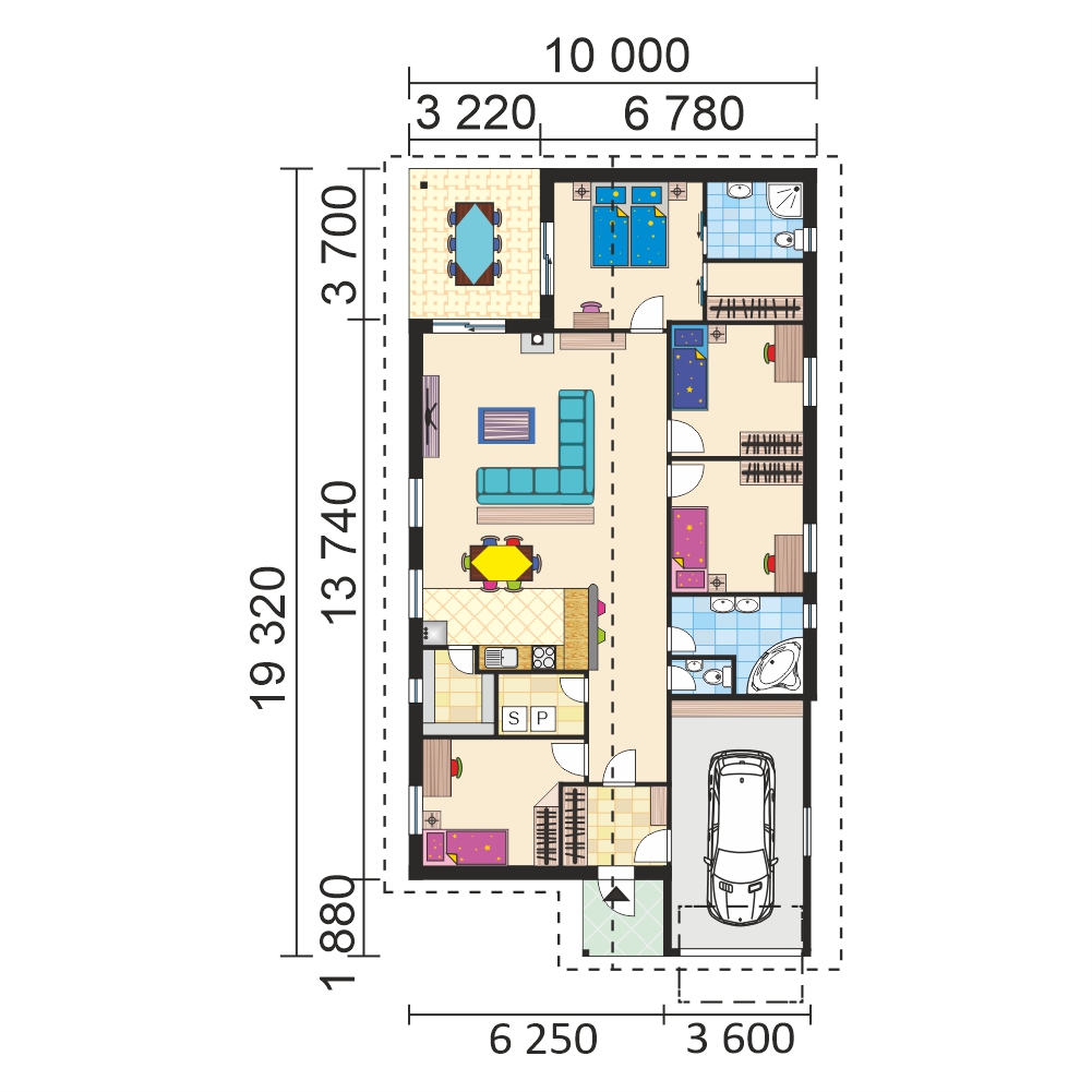 Floor plan of the bungalow with garage - no.44