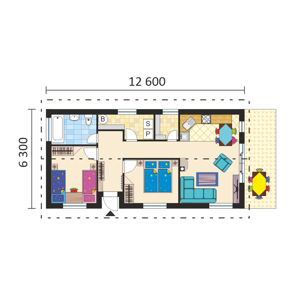 Project of a narrow three-room bungalow in the shape of a rectangle - No.47, layout