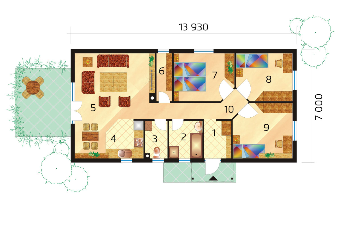 Project of a narrow three-bedroom prefab bungalow - No.36, layout
