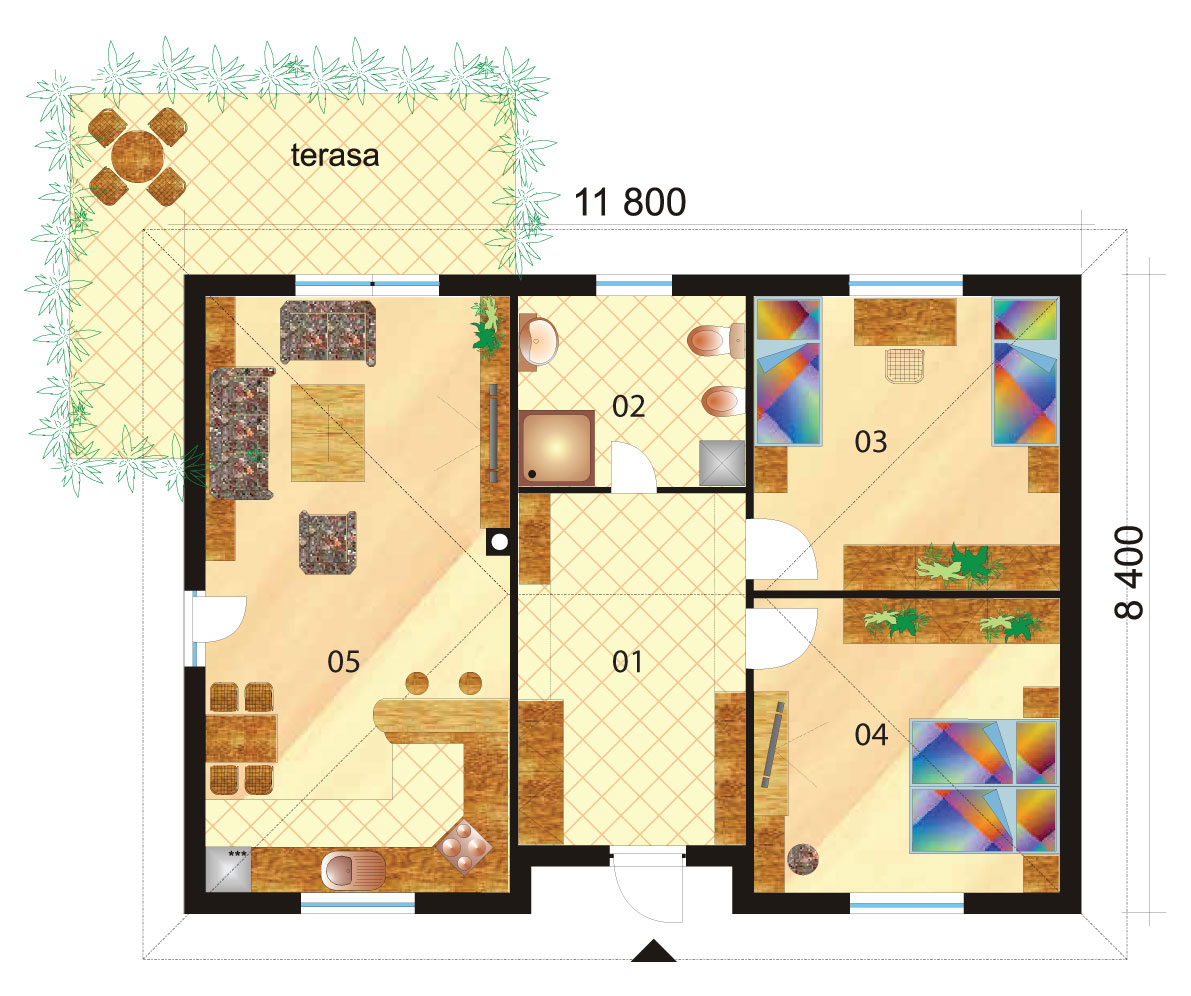 Large two bedroom bungalow with hip roof - No.11, layout