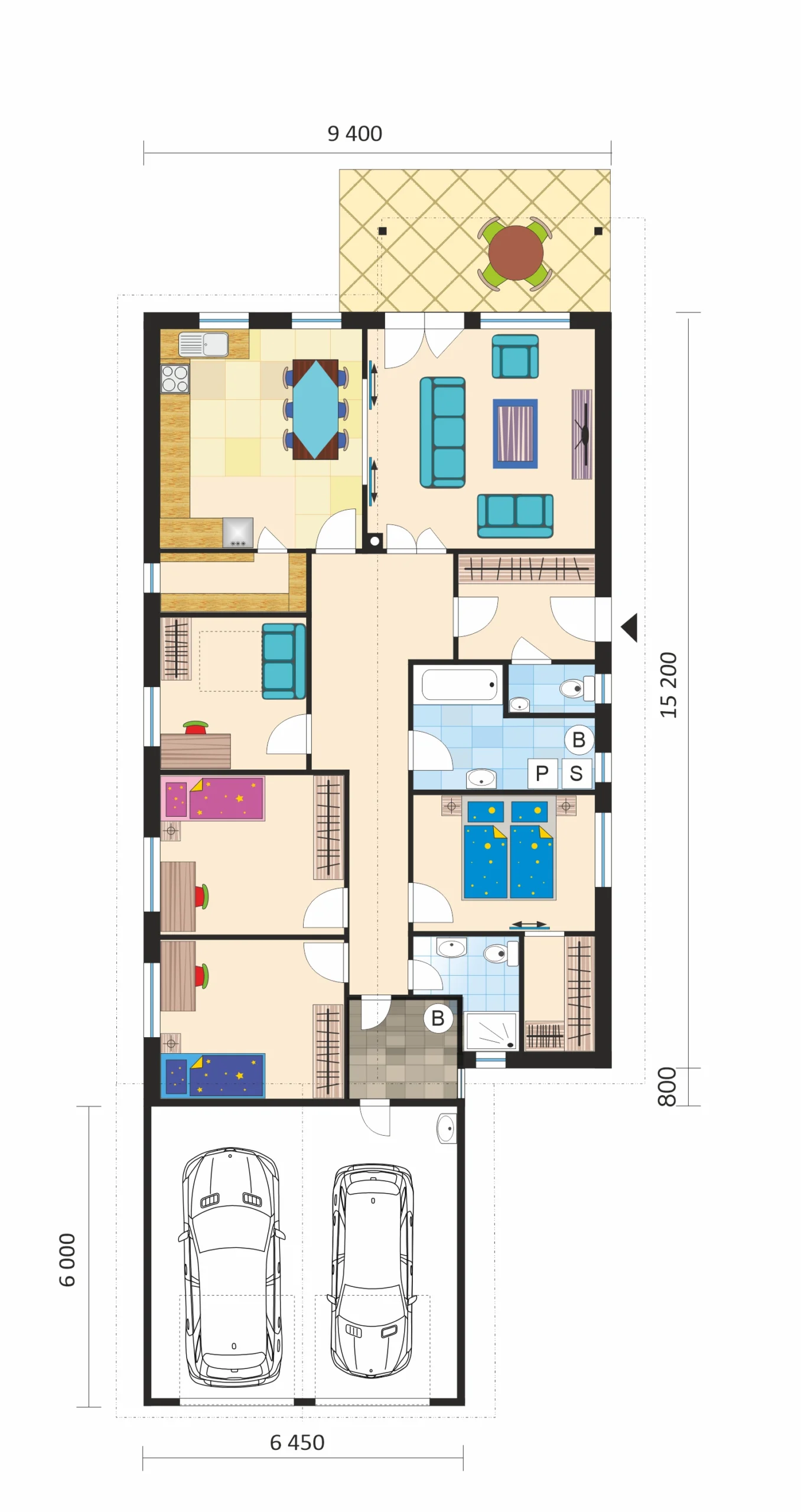 Floor Plan of a Four-Bedroom Family House with a Double Garage