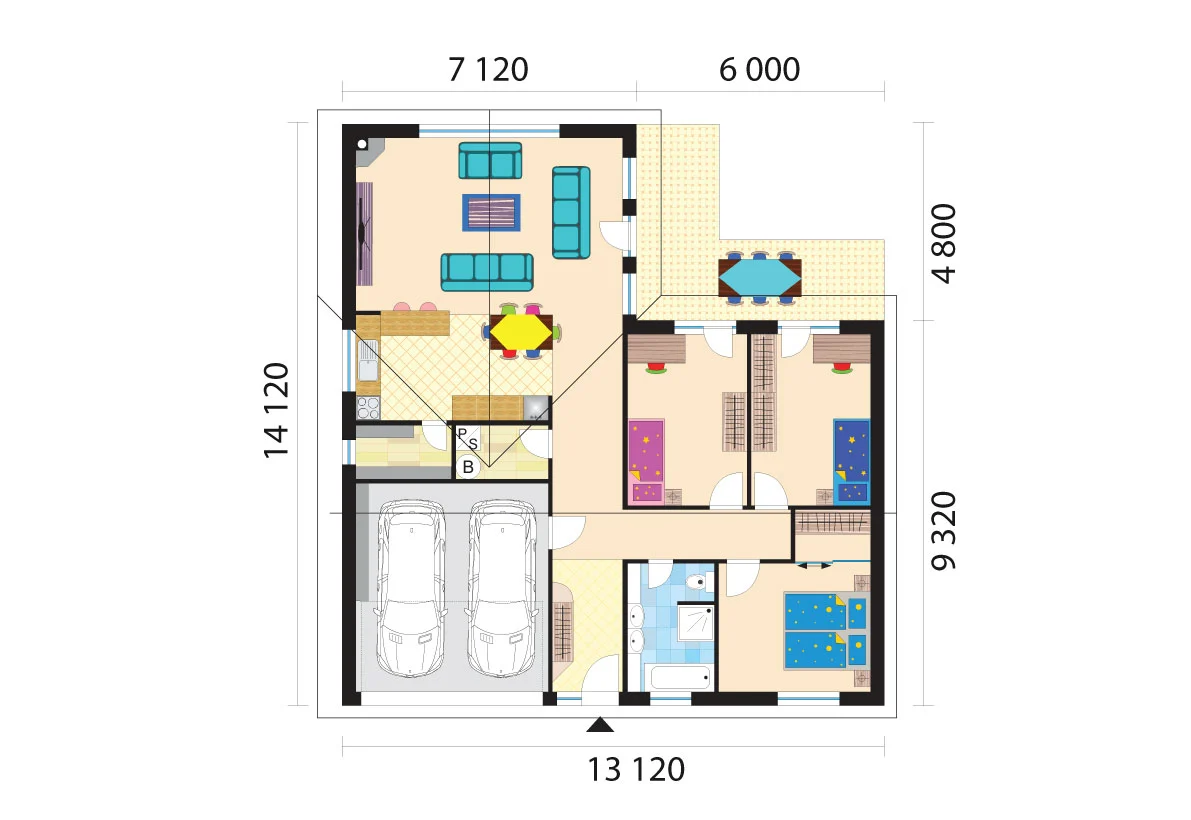 L-Shaped Four-Bedroom Family House Plan with Garage- No. 99 – Floor plan L-Shaped Four-Bedroom Family House Plan with Garage- No. 99 - Floor plan