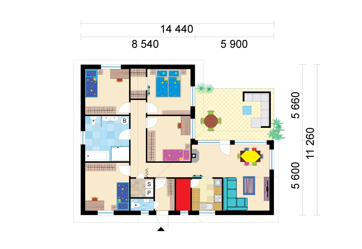 Four-Bedroom L-Shaped Bungalow – No. 4 – Floor Plan
